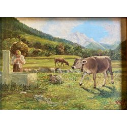 DIPINTO OLIO Rolini S. PAESAGGIO ALPINO SCENA BUCOLICA CONTADINO FONTE PASCOLO