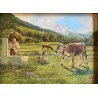 DIPINTO OLIO Rolini S. PAESAGGIO ALPINO SCENA BUCOLICA CONTADINO FONTE PASCOLO