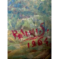 DIPINTO OLIO Rolini S. PAESAGGIO ALPINO SCENA BUCOLICA CONTADINO FONTE PASCOLO