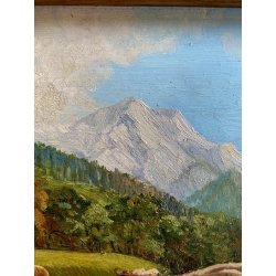 DIPINTO OLIO Rolini S. PAESAGGIO ALPINO SCENA BUCOLICA CONTADINO FONTE PASCOLO