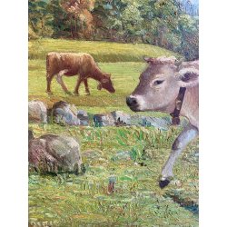 DIPINTO OLIO Rolini S. PAESAGGIO ALPINO SCENA BUCOLICA CONTADINO FONTE PASCOLO