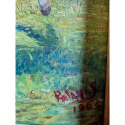 DIPINTO OLIO Rolini S. PAESAGGIO ALPINO SCENA BUCOLICA CONTADINO FONTE PASCOLO