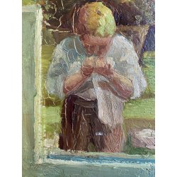 DIPINTO OLIO Rolini S. PAESAGGIO ALPINO SCENA BUCOLICA CONTADINO FONTE PASCOLO
