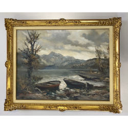 GRANDE ANTICO DIPINTO OLIO TELA Ercole Magrotti PAESAGGIO LACUSTRE AUTUNNALE