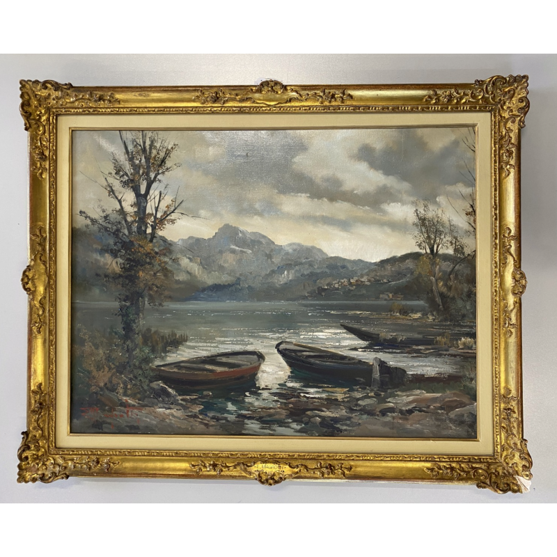 GRANDE ANTICO DIPINTO OLIO TELA Ercole Magrotti PAESAGGIO LACUSTRE AUTUNNALE