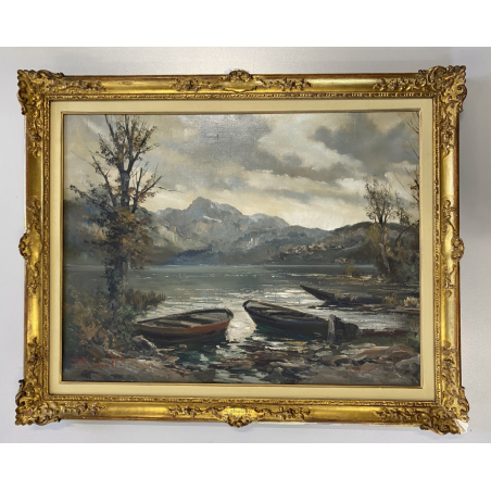 GRANDE ANTICO DIPINTO OLIO TELA Ercole Magrotti PAESAGGIO LACUSTRE AUTUNNALE