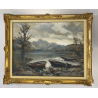 GRANDE ANTICO DIPINTO OLIO TELA Ercole Magrotti PAESAGGIO LACUSTRE AUTUNNALE