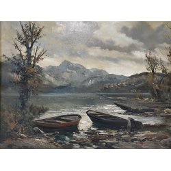 GRANDE ANTICO DIPINTO OLIO TELA Ercole Magrotti PAESAGGIO LACUSTRE AUTUNNALE