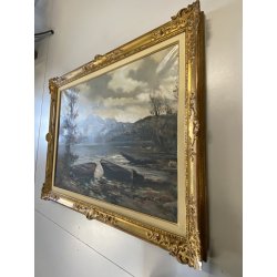 GRANDE ANTICO DIPINTO OLIO TELA Ercole Magrotti PAESAGGIO LACUSTRE AUTUNNALE