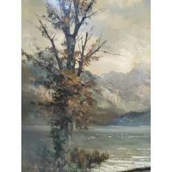 GRANDE ANTICO DIPINTO OLIO TELA Ercole Magrotti PAESAGGIO LACUSTRE AUTUNNALE