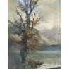 GRANDE ANTICO DIPINTO OLIO TELA Ercole Magrotti PAESAGGIO LACUSTRE AUTUNNALE
