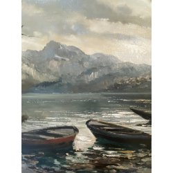 GRANDE ANTICO DIPINTO OLIO TELA Ercole Magrotti PAESAGGIO LACUSTRE AUTUNNALE