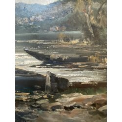 GRANDE ANTICO DIPINTO OLIO TELA Ercole Magrotti PAESAGGIO LACUSTRE AUTUNNALE