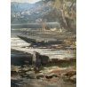 GRANDE ANTICO DIPINTO OLIO TELA Ercole Magrotti PAESAGGIO LACUSTRE AUTUNNALE