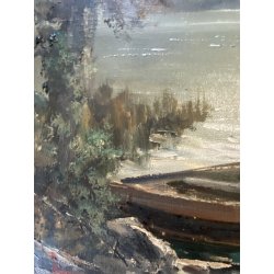 GRANDE ANTICO DIPINTO OLIO TELA Ercole Magrotti PAESAGGIO LACUSTRE AUTUNNALE