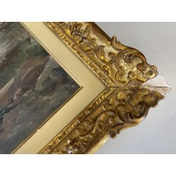 GRANDE ANTICO DIPINTO OLIO TELA Ercole Magrotti PAESAGGIO LACUSTRE AUTUNNALE