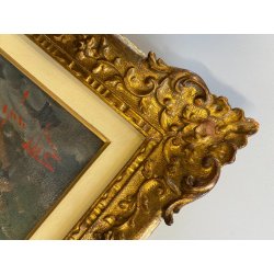 GRANDE ANTICO DIPINTO OLIO TELA Ercole Magrotti PAESAGGIO LACUSTRE AUTUNNALE
