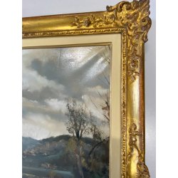 GRANDE ANTICO DIPINTO OLIO TELA Ercole Magrotti PAESAGGIO LACUSTRE AUTUNNALE