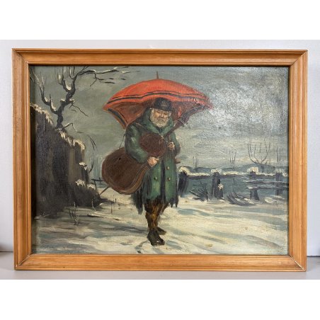 DIPINTO OLIO RITRATTO VAGABONDO VIANDANTE MUSICISTA VIOLOCELLO CLOCHARD NEVE 900