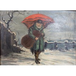 DIPINTO OLIO RITRATTO VAGABONDO VIANDANTE MUSICISTA VIOLOCELLO CLOCHARD NEVE 900
