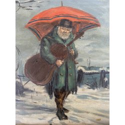 DIPINTO OLIO RITRATTO VAGABONDO VIANDANTE MUSICISTA VIOLOCELLO CLOCHARD NEVE 900