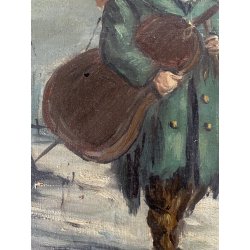 DIPINTO OLIO RITRATTO VAGABONDO VIANDANTE MUSICISTA VIOLOCELLO CLOCHARD NEVE 900
