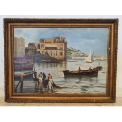 GRANDE ANTICO QUADRO DIPINTO olio tela XIX sec GOLFO NAPOLI Mich. Colio MARINA