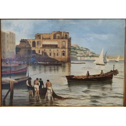 GRANDE ANTICO QUADRO DIPINTO olio tela XIX sec GOLFO NAPOLI Mich. Colio MARINA