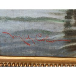 GRANDE ANTICO QUADRO DIPINTO olio tela XIX sec GOLFO NAPOLI Mich. Colio MARINA