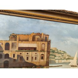 GRANDE ANTICO QUADRO DIPINTO olio tela XIX sec GOLFO NAPOLI Mich. Colio MARINA