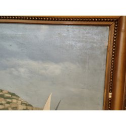 GRANDE ANTICO QUADRO DIPINTO olio tela XIX sec GOLFO NAPOLI Mich. Colio MARINA