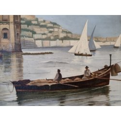 GRANDE ANTICO QUADRO DIPINTO olio tela XIX sec GOLFO NAPOLI Mich. Colio MARINA