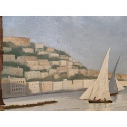 GRANDE ANTICO QUADRO DIPINTO olio tela XIX sec GOLFO NAPOLI Mich. Colio MARINA