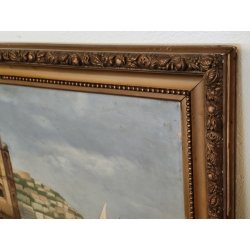 GRANDE ANTICO QUADRO DIPINTO olio tela XIX sec GOLFO NAPOLI Mich. Colio MARINA
