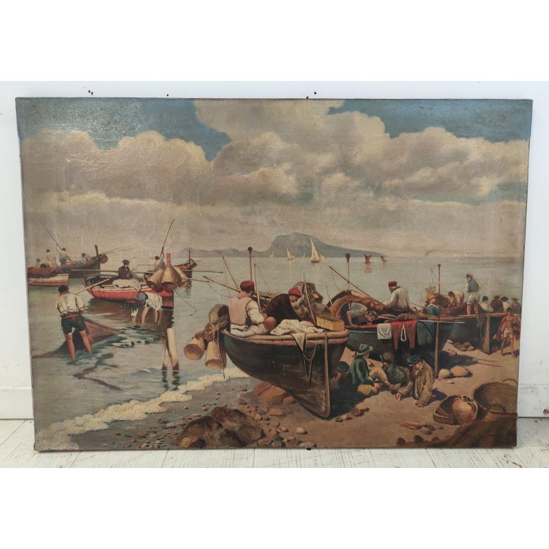ANTICO QUADRO DIPINTO olio tela XIX sec GOLFO NAPOLI Mich. Colio MARINA BARCHE