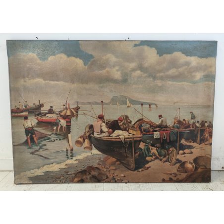 ANTICO QUADRO DIPINTO olio tela XIX sec GOLFO NAPOLI Mich. Colio MARINA BARCHE