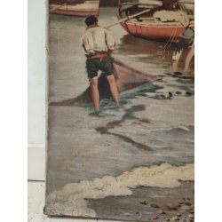 ANTICO QUADRO DIPINTO olio tela XIX sec GOLFO NAPOLI Mich. Colio MARINA BARCHE