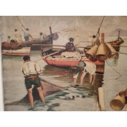 ANTICO QUADRO DIPINTO olio tela XIX sec GOLFO NAPOLI Mich. Colio MARINA BARCHE