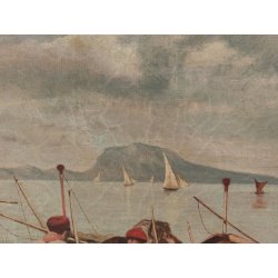ANTICO QUADRO DIPINTO olio tela XIX sec GOLFO NAPOLI Mich. Colio MARINA BARCHE