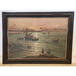 GRANDE ANTICO QUADRO DIPINTO olio tavola MARINA R. Vannini TRAMONTO PESCATORI