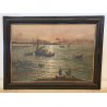 GRANDE ANTICO QUADRO DIPINTO olio tavola MARINA R. Vannini TRAMONTO PESCATORI