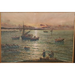 GRANDE ANTICO QUADRO DIPINTO olio tavola MARINA R. Vannini TRAMONTO PESCATORI