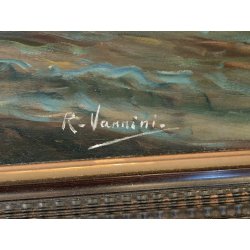 GRANDE ANTICO QUADRO DIPINTO olio tavola MARINA R. Vannini TRAMONTO PESCATORI