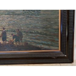 GRANDE ANTICO QUADRO DIPINTO olio tavola MARINA R. Vannini TRAMONTO PESCATORI