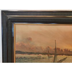 GRANDE ANTICO QUADRO DIPINTO olio tavola MARINA R. Vannini TRAMONTO PESCATORI