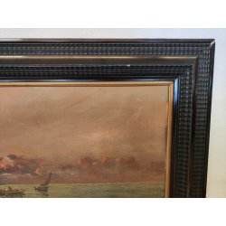 GRANDE ANTICO QUADRO DIPINTO olio tavola MARINA R. Vannini TRAMONTO PESCATORI