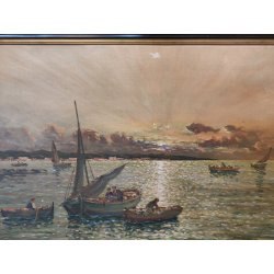 GRANDE ANTICO QUADRO DIPINTO olio tavola MARINA R. Vannini TRAMONTO PESCATORI