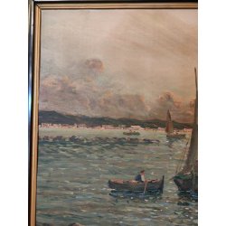 GRANDE ANTICO QUADRO DIPINTO olio tavola MARINA R. Vannini TRAMONTO PESCATORI