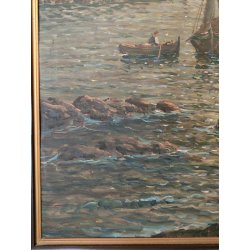 GRANDE ANTICO QUADRO DIPINTO olio tavola MARINA R. Vannini TRAMONTO PESCATORI