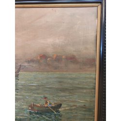 GRANDE ANTICO QUADRO DIPINTO olio tavola MARINA R. Vannini TRAMONTO PESCATORI